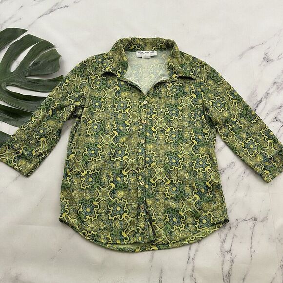 Younique Womens Vintage Y2k Top Size M Green Yellow Medallion Floral Crop - Picture 1 of 13